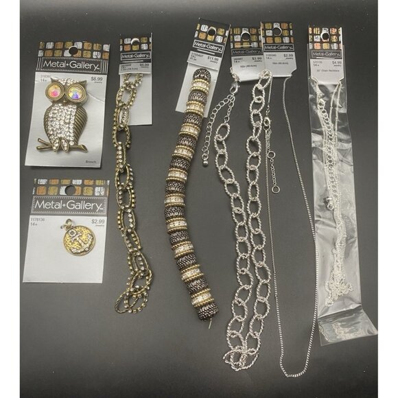 Metal Gallery Jewelry Craft Lot of 7 Pcs NOS 2007 Owl Brooch Bracelets Necklaces - Picture 1 of 16